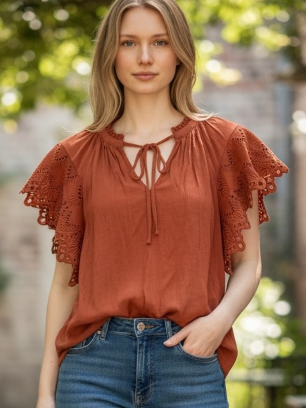 Chelsea & Theodore Eyelet Flutter Sleeve Top Rust Bohemian Tie Neck Blouse